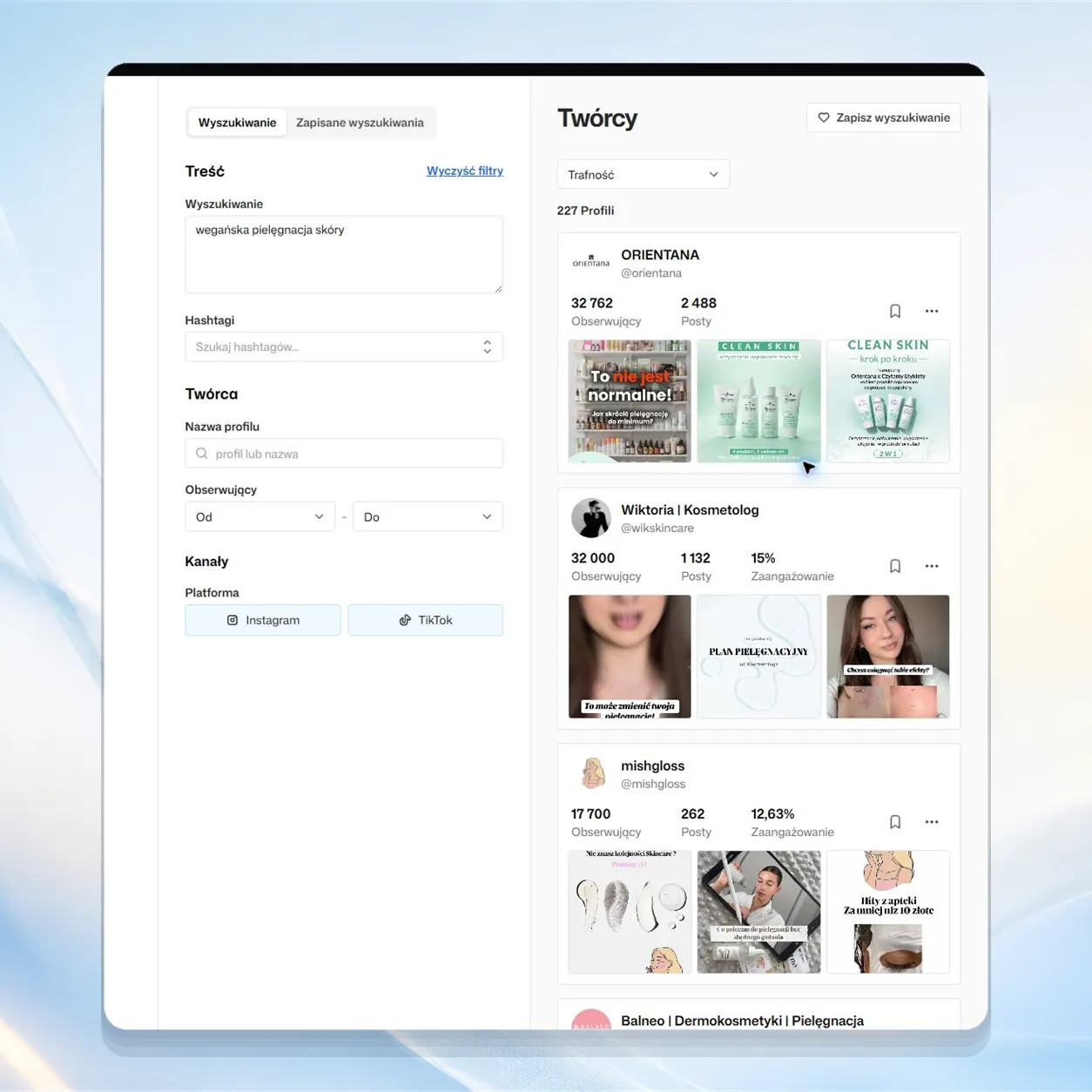 Interfejs wyszukiwania twórców pokazujący twórców skincare z różnych platform społecznościowych